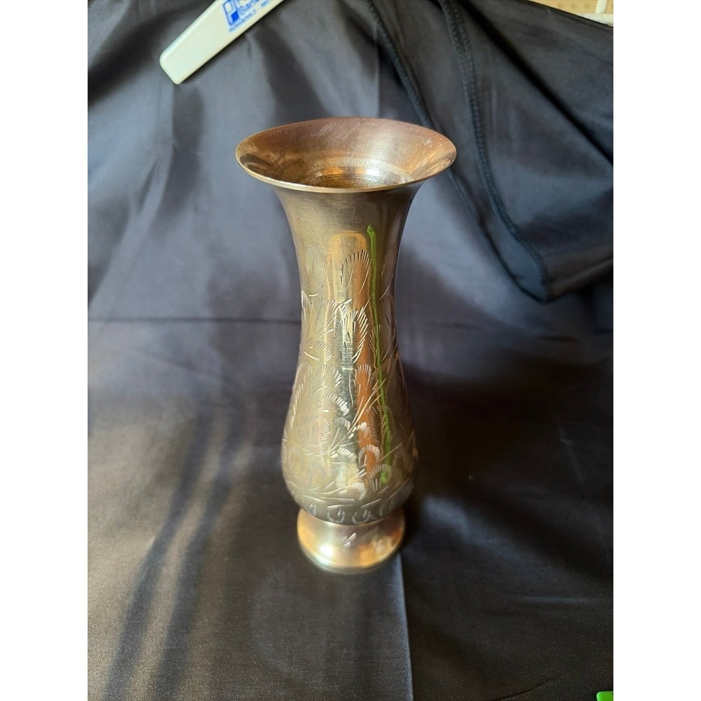 Vintage etched brass trumpet bud vase